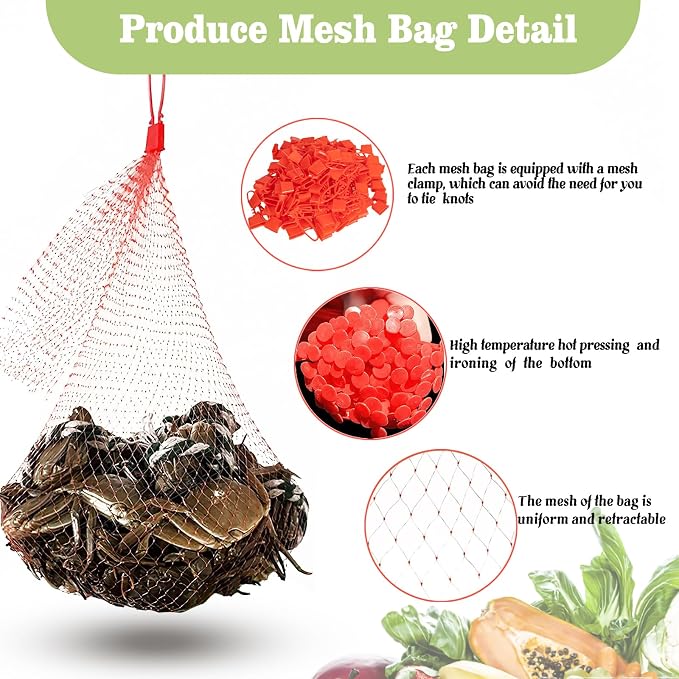 Dupiulk Reusable Mesh Produce Bags, 20 Inch Seafood Boil Bags for Crab Clam Shrimp Cooking, Onion Potato Storage Vegetable Packaging Net Bag with Loop-style Closures (100Pcs-Red)