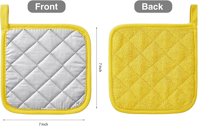 Kitchen Pot Holders Set Heat Resistant Pure Cotton Potholders Kit Trivets Large Coasters Hot Pads Terry Pot Holders for Everyday Cooking and Baking by 7 x 7 Inch (Yellow)