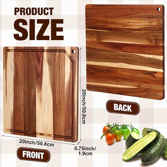 Zubebe Large Stove Cutting Board 20" x 20" Burner Cover Square Rv Chopping Board with Hole Grooved for Oven Apartment Kitchen(Acacia)