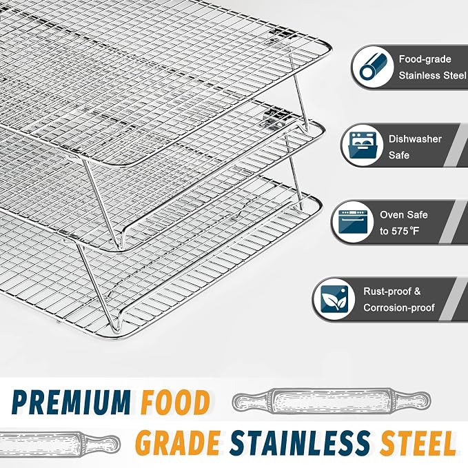 HIWARE Oven-Salf Collapsible Cooling Rack for Baking, 3 Tier 12”x 16.5”, Stainless Steel and Fit Half Sheet, Stackable Wire Cooling Racks for Cookie, Pizza, Cake