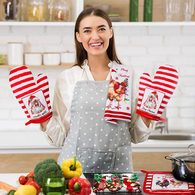 Leinuosen 6 Christmas Chicken Farmhouse Kitchen Decor Dish Towels Oven Mitts and Pot Holders Sets Chicken Kitchen Towels Absorbent Decorative Accessories for Cooking Baking Grilling