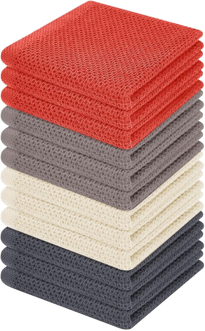Homaxy 100% Cotton Waffle Weave Kitchen Dish Cloths 12-Pack, Multicolor | 12 x 12 Inches, Ultra Soft Absorbent Dish Towels, Quick Drying Dish Rags with Hanging Loop