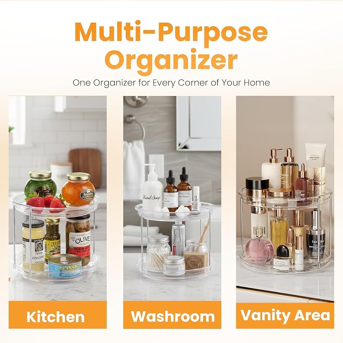 Oizeir 2 Tier Lazy Susan Organizer for Cabinet, Clear Acrylic Rotating Spice Rack Turntable for Kitchen, Pantry, Countertop, Bathroom, Vanity – Double Tier Storage Carousel with Metal Supports