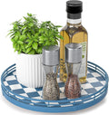 Blue and White Checkerboard Lazy Susan with Rubberwood Base and Metal Rail | Smooth rotating oak tray with walnut finish for dining tables, kitchen counters, pantries and cabinet storage.