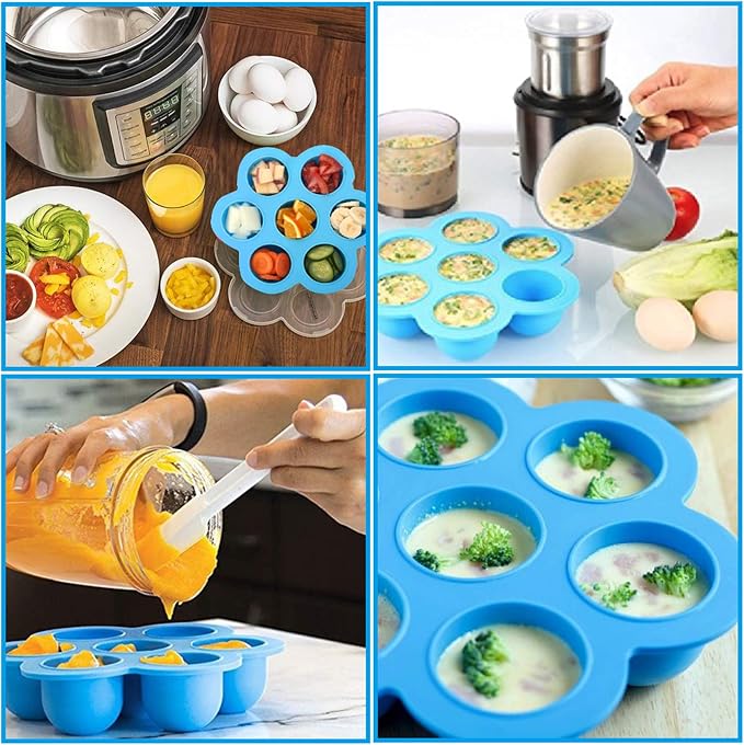 Silicone Egg Bites Mold Set of 4, Steamer Rack with Heat resistant Handle | and Spoon,Reusable Sous Vide Egg Poacher with Lid Fits Instant Pot 5,6,8 qt Pressure Cooker