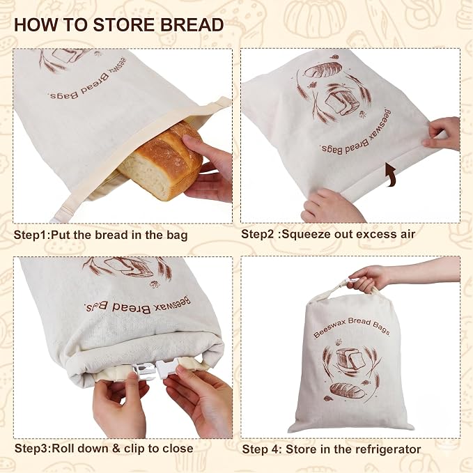 Beeswax Bread Bags 2 Pack, XL 13x17 In, Keep Homemade Sourdough Fresh | WSYDKNS Keep sourdough fresh longer, reusable linen cotton, beeswax lining, easy cold water wash, fit homemade loaf