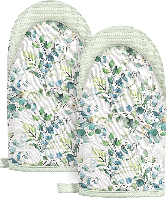 Slohif Sage Green Mini Oven Mitts Set – Flower Extended Short Heat Resistant Kitchen Gloves for Women, 100% Cotton Oven Mitts with Silicone Grips, Non-Slip and Thick Durable for Cooking & Baking