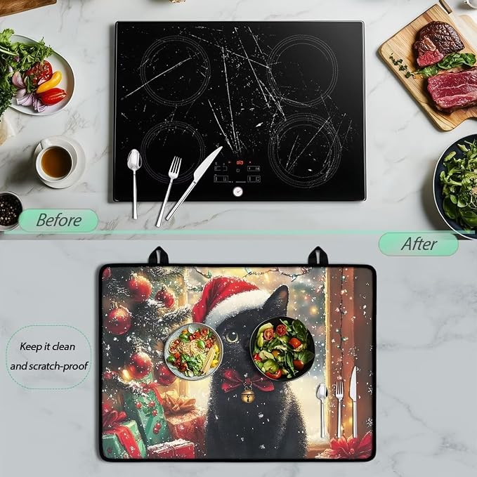 Christmas Cat Silicone Stove Top Cover, Stove Top Cover for Electric Stove(30"x21"), Thick Insulation Mat for Countertop, Anti-scalding Dish Drying Mats for Kitchen, Easy to Clean