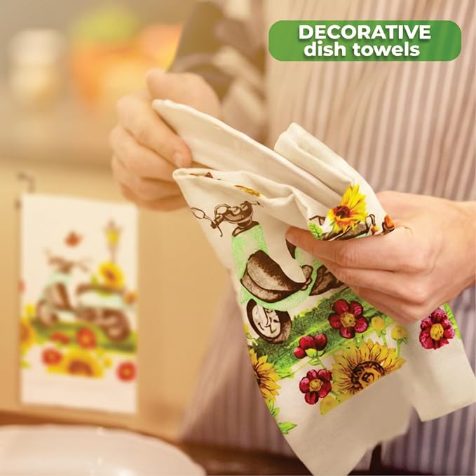 Sunflowers & Butterflies & Blue Scooter, 5 Piece Set | Kitchen Towel Set with 2 Decorative Dish Towels (25 X15), 1 Oven Mitt (11 X 7) and 2 Potholders (6.5 X 6.5)