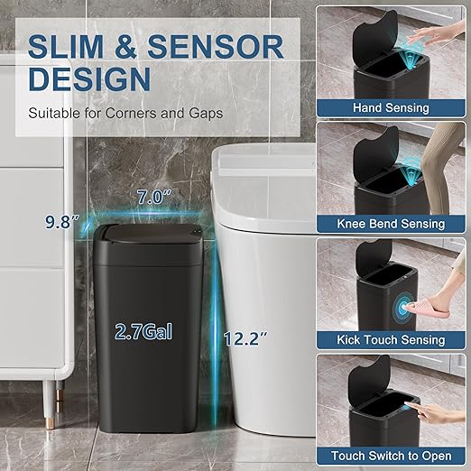 Vanpopubs 2 Pack 2.7 Gal Bathroom Trash Can with Lid, Automatic Trash Can Small Smart Garbage Can Touchless, Slim Motion Sensor Waterproof Plastic Trash Bins for Bedroom Office Kitchen Toilet Black