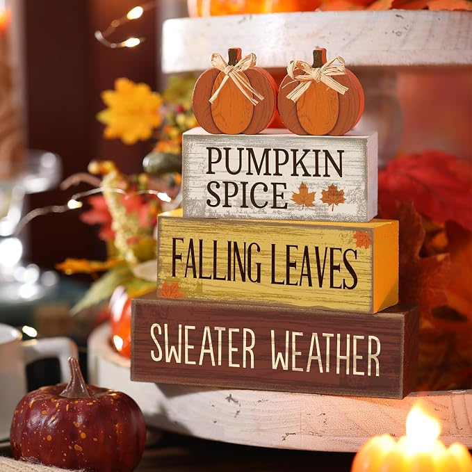 Lineshading 4 Pcs Fall Pumpkin Decor Fall Table Decoration Thanksgiving | Rustic Block Signs with Fall Sayings, Tiered Tray Farmhouse Decor for Autumn Table, Wood Pumpkins Topper with Jute Bows