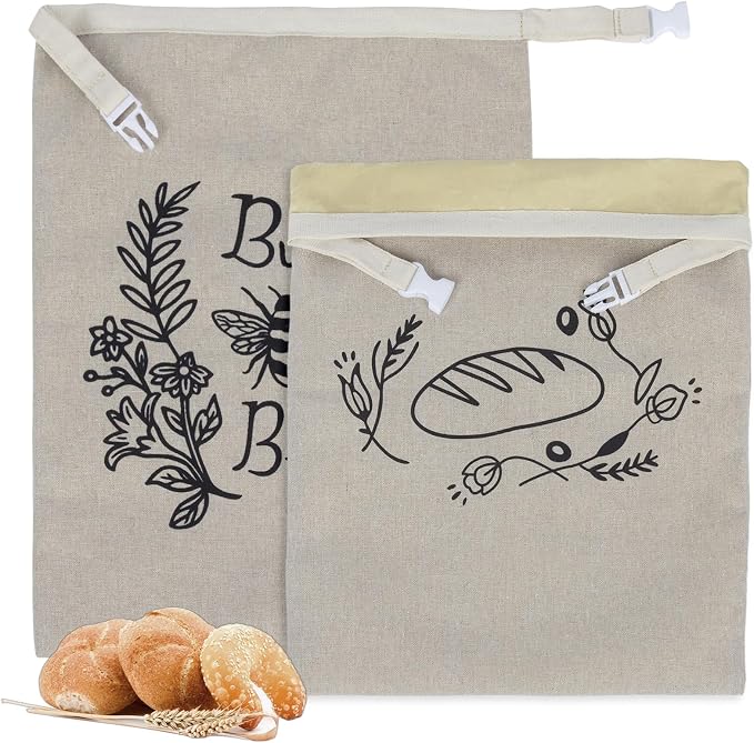 Reusable Beeswax Bread Bags for Homemade Bread & Sourdough, 2-Pack XL Airtight Food Storage Bags, Organic Cotton Linen Covers - Freezer-Friendly Freshness Preservation Keeps Fresh Longer