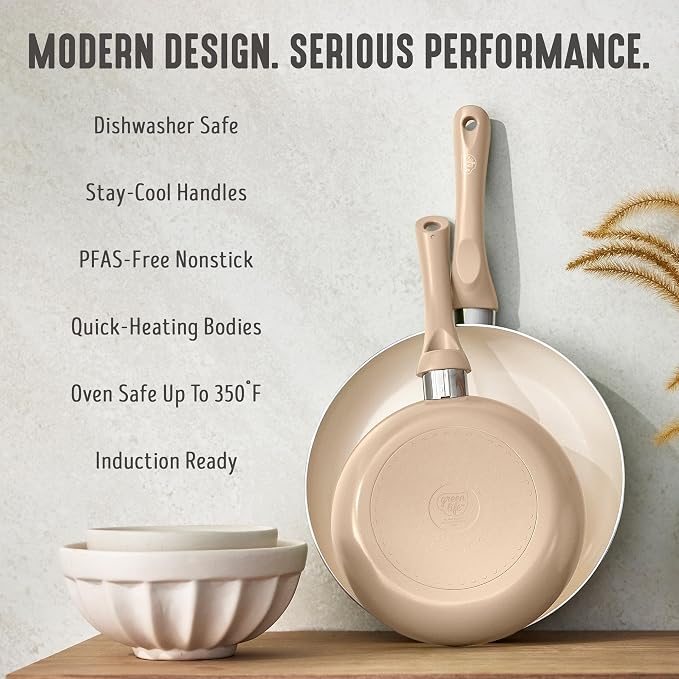 GreenLife 2 Piece (8" & 10") Ceramic Nonstick Skillet Set, Beige Taupe | PFAS-Free Nonstick Coating, Frying Pans, Omelet Pans, Everyday Pan, Induction Ready, All Stovetop Compatible, Dishwasher Safe
