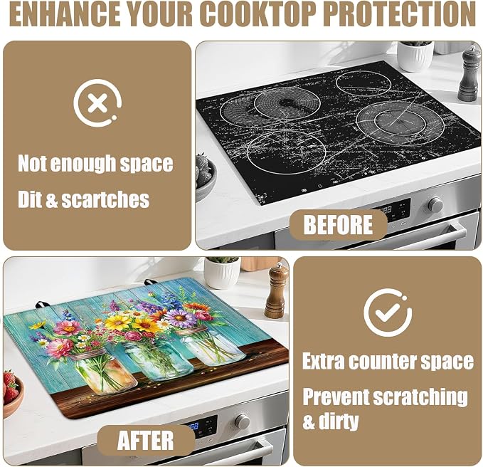 Flower Vase Stove Top Covers for Electric Stove, Electric Gas Stove Pad Heat Resistant Range Cooktop Protector for Home Decor Kitchen 28"x20"