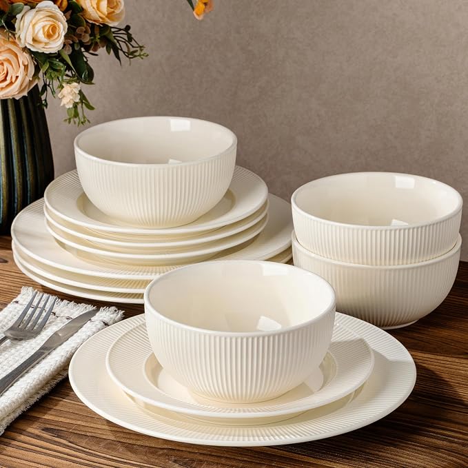 Ceramic Dinnerware Set for 4, 12-Piece Plates and Bowls Set | Lightweight Porcelain Dish Set, Scratch Resistant, Oven & Microwave & Dishwasher Safe, Ivory