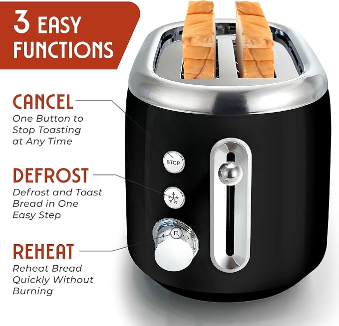 MUELLER HOME Retro Toaster 2 Slice, 7 Browning Levels | 3 Functions (Reheat, Defrost, Cancel), Stainless Steel Features, Removable Crumb Tray, Under Base Cord Storage,