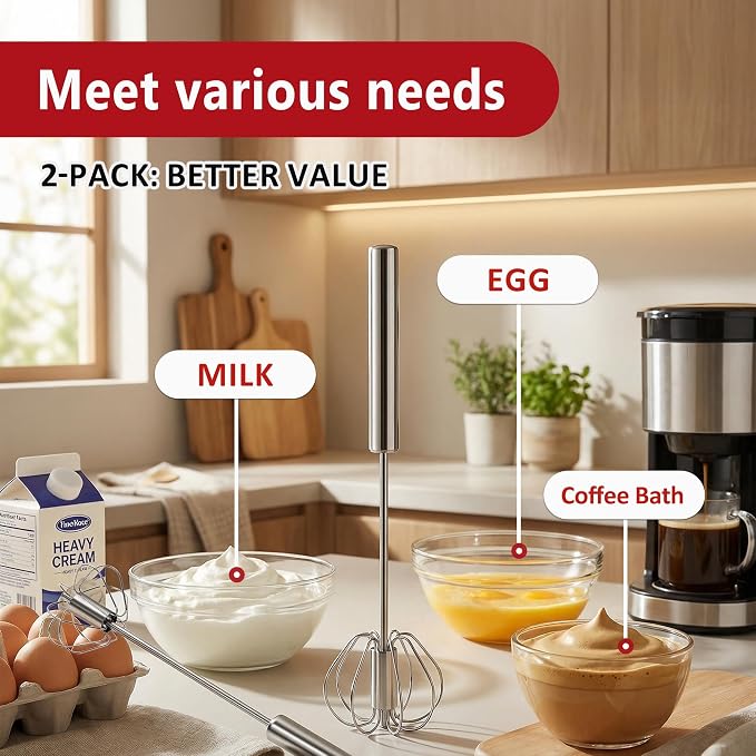 Li&Zhao Semi Automatic Whisk-2-Pack Stainless Steel Hand Push Rotary Egg Whisk and Manual Egg Beater for Blending Frothing Stirring Durable Metal Whisk for Kitchen Coffee Baking