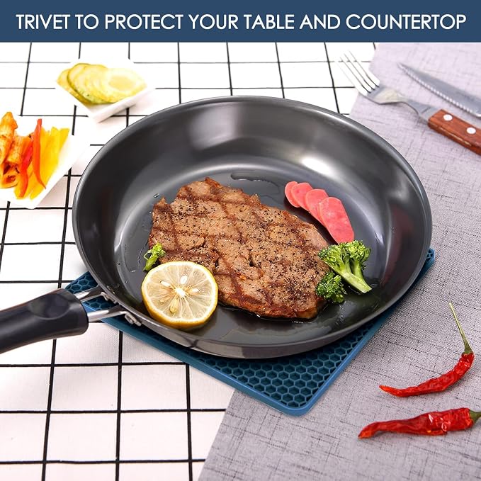 Silicone Trivets for Hot Dishes, 4 PCS Multipurpose Heat Resistant Mat Thick Silicone Hot Pads Pot Holders for Kitchen Counter, Flexible Jar Opener Food Grade Spoon Holder, Indigo Coasters