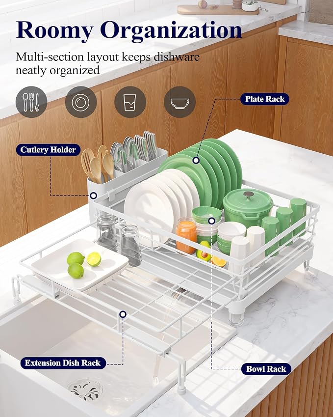 Kitsure Adjustable Dish Drying Rack, 15.6''-25.2''L × 16.9''W, White | Large Dish Drying Rack, Rust-Resistant Dish Racks for Kitchen Counter, With Adjustable Support Legs, Cutlery Holder