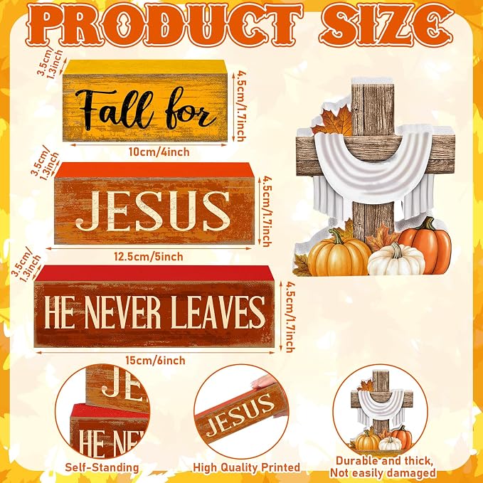 Lineshading 4 Pcs Fall Decoration For Home Fall Religious Wooden Signs | Religious Cross with Pumpkins, Rustic Block Signs for Home, Faith-based Autumn Centerpiece, Thanksgiving Gift, Stackable