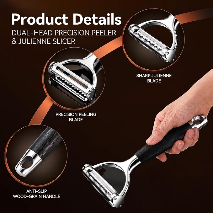 Julienne Peeler Vegetable Peeler, 2-in-1 Y Peeler with Precision Flat & Serrated Blades, Ergonomic Non-Slip Handle Kitchen Tool for Potatoes, Carrots, Cucumbers, Zucchini, Fruits & Salads