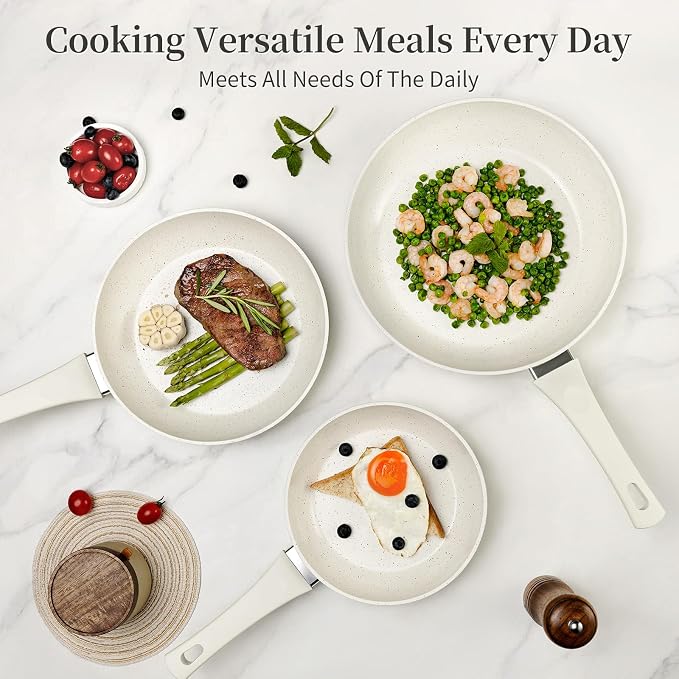 Innerwell Nonstick Ceramic Frying Pans Skillets Set with Lid 8"+9.5"+11" | No Toxic Egg Omelette Frying Pan, All Stove Compatible, Healthy Granite Induction Cooking Pan, PFOA & PFAS Free, White