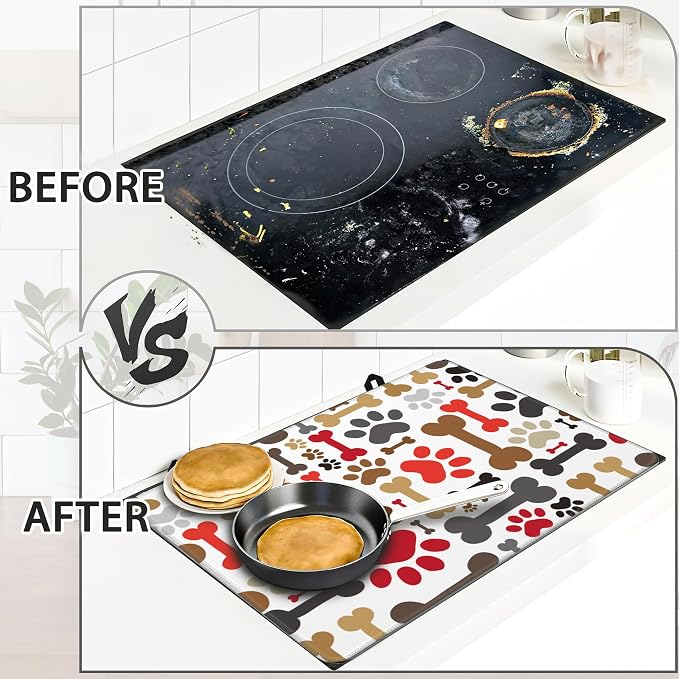 Electric Stove Top Cover Protector – Dogs Paws and Bones Glass Flat Top Stove Mat Oven Induction Cooktop Mat for Ceramic Countertop Mats Heat-Resistant Dish Drying Mat