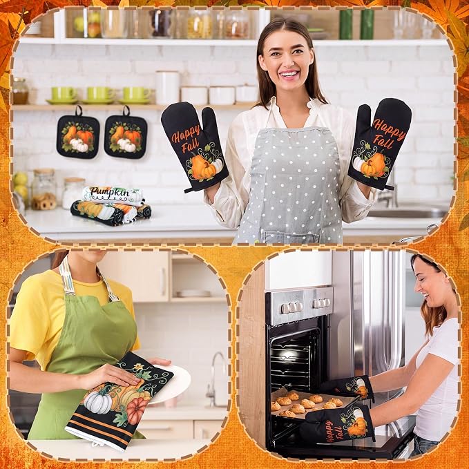 Fanfanwin 10 Pcs Fall Pumpkin Kitchen Decor and Accessories Set Kitchen Towels Pot Holders Oven Mitts and Rugs Sets for Home Autumn Decorations Cooking Baking Housewarming Gifts