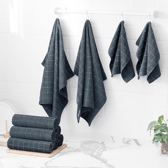 Homaxy Kitchen Towels and Dishcloths Set, Set of 10, Dark Grey | Bulk Cotton Terry Kitchen Towels, Checkered Designed, Soft and Super Absorbent Dish Towels, 12 x 12 and 13 x 28 Inches