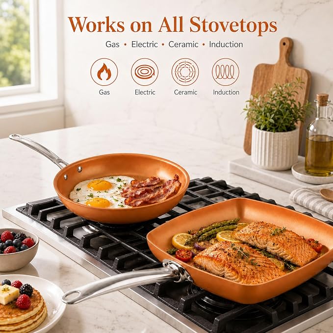 Toutrop 2 Pcs Non-stick Copper Frying Pan Set, 10" & 9.5" Chef Skillet with Ceramic Coating, Oven Dishwasher Safe, PFOA-Free, Home Use for All Stoves,10" Round+9.5" Square