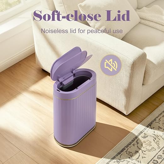 ELPHECO Bathroom Sensor Trash Can, 2 Gallon, Automatic Lid, Purple | IPX5 Waterproof Garbage Can, Slim Plastic Wastebasket, Trash Bin for Office, Bedroom and Living Room