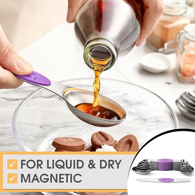 Spring Chef Stainless Steel Magnetic Measuring Spoons Set of 8, Orchid | Nesting Teaspoon & Tablespoon Measuring Spoons w/ Leveler for Dry & Liquid Ingredients, Measure Spoons For Baking & Cooking