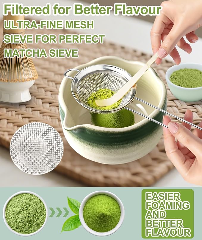 JBER Matcha Set, 7PCS Ceramic Matcha Whisk Set for Matcha Tea Ceremony | Ceramic Matcha Kit Includes 17oz Bowl, Bamboo Whisk (Chasen), Holder, Spoon, Powder Sifter for Matcha Making - Green