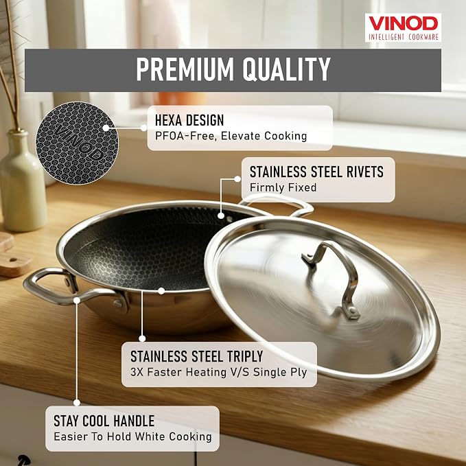 Vinod Nutri-Tech Triply Non-Stick Kadai, 26cm, with Lid, for Home Kitchen | 3.7L Scratch-Resistant Deep-Frying Wok For Indian Cooking; Multipurpose Cookware With Sturdy Handles