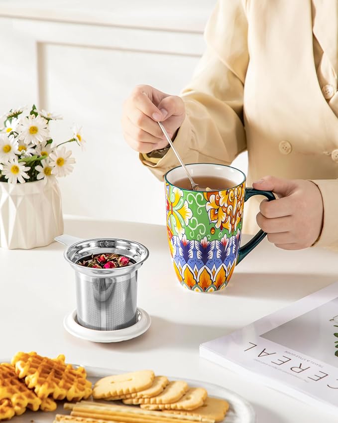vancasso Ceramic Tea Mug with Infuser and Lid, 18 Ounce Bohemian Loose Leaf Cup, Microwave & Dishwasher Safe, Perfect for Tea, Coffee, Lime-Green Fiesta