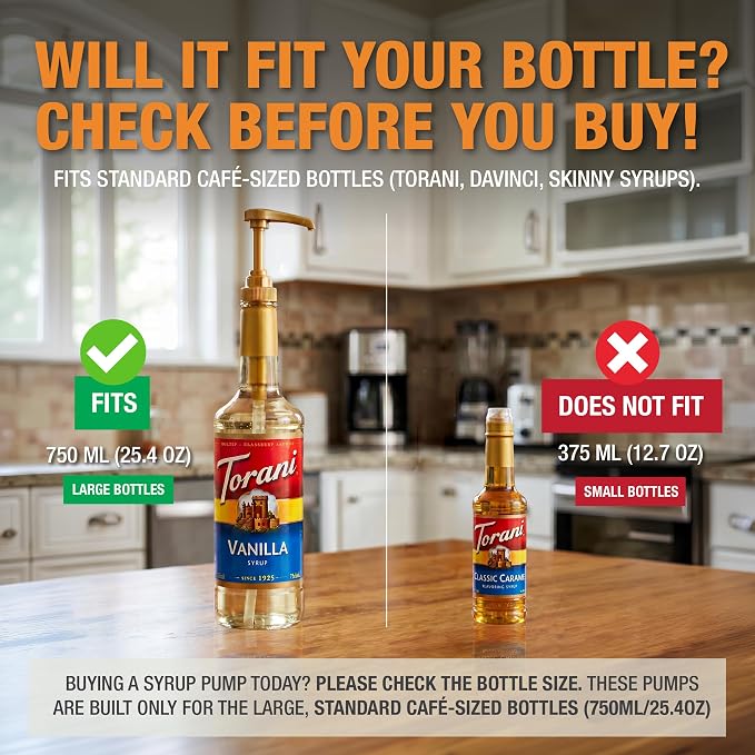 6 pack Coffee Syrup Pump Dispenser (Gold) - Compatible with Torani, Davinci and Skinny Syrup Bottles (750 ml 25.4 oz Bottles)