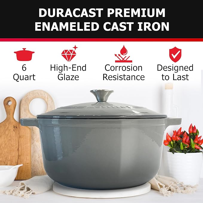 Mueller 6 Quart Enameled Cast Iron Pot Dutch Oven, Heavy-Duty | Oven-Safe up to 500°F & Across All Cooktops, Casserole Dishes for Ovens, Bread Pan with Lid & Knob, Cast Iron Cookware, Grey