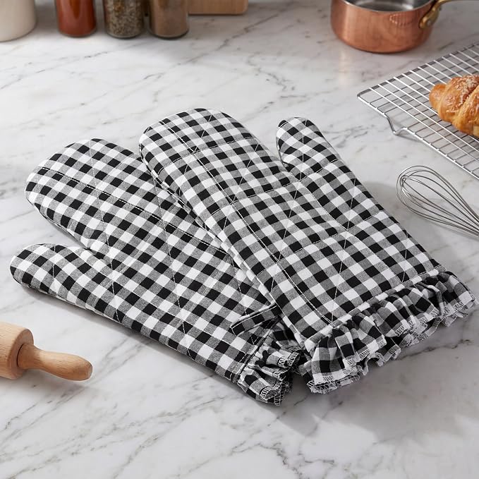 Twistover Checkered Oven Mitts 2-Pack Set, Cotton Gloves,Black | 13.5x6.5 Inch Size with Ruffle Trim, Non-slip Heat Resistant for Baking BBQ Microwave, Plaid Cotton for Cooking
