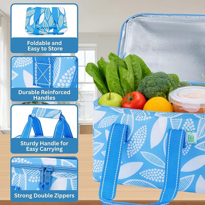 VENO 2 Pack Small Cooler Insulated Lunch Bag Reusable Grocery Shopping Bag | Collapsible Lunch Box Tote for Women Men w/ Handles, Dual Zippers, 9L Capacity for Work Office Picnic Beach (Spring Breeze)