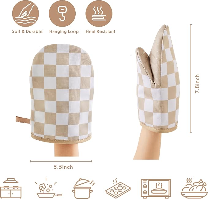 Ohocut Beige Checkered Mini Oven Mitts Heat Resistant, Vintage Retro Checkerboard Mini Silicone Oven Mitts Cute, Non-Slip Small Short Kitchen Oven Gloves Set of 2