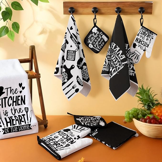 8 Pcs Farmhouse Kitchen Decor Accessories Set 4 Black White Kitchen Dish Towels 2 Oven Mitts 2 Pot Holders Kitchens Towels Pot Holders Oven Mitt Decor for Cooking Baking Housewarming