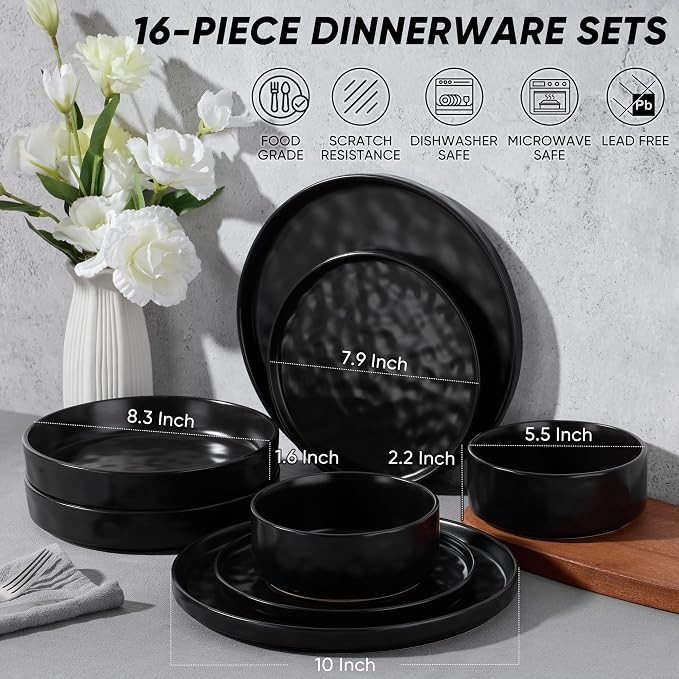 E-far Black Plates and Bowls Sets, 16-Piece Stoneware Dinnerware Set for 4 | Modern Ripple Design Dishes Set for Kitchen Dining, Chip & Scratch Resistant, Microwave & Dishwasher Safe, Matte Black