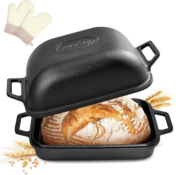 Davivy 9QT Dutch Oven for Sourdough Bread, Non-stick Cast Iron Sourdough Bread Loaf Baking Pan, Large Capacity Cast Iron Loaf Pan, with Silicone Oven Mitts, 12.3" x 9.2", Matte Black