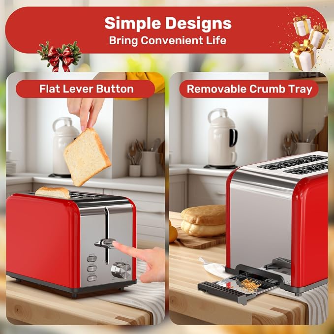 YSSOA Stainless Steel Toaster 2 Slice with Extra Wide Slot & Removable Crumb Tray, 6 Shade Settings and Bagel/Defrost/Cancel Functions, Compact Oven, for Various Bread & Waffle, Red New