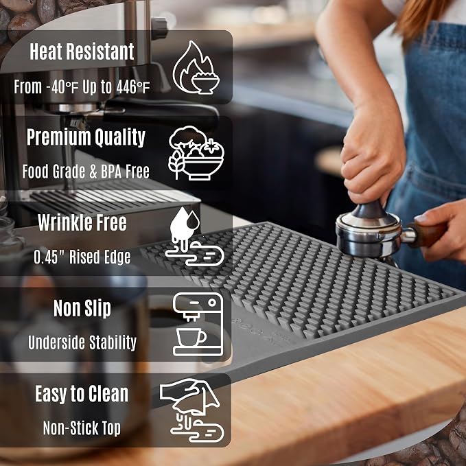 Bar & Coffee Mat For Countertop With "Edge Protection" – Espresso Tamping Mat – Bar Mats for Countertop & Silicone Heat Resistant Mat – Non-Slip & BPA-Free Food Grade – 16"(Front) x 24"(Length), Gray