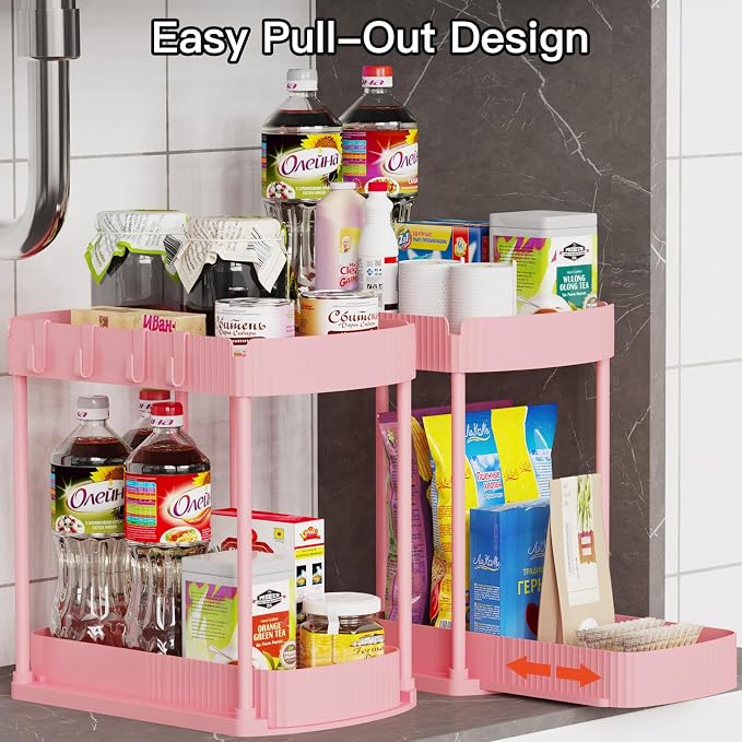 2 Packs Under Sink Pull-Out Storage Organizers, 12.8 Inches, Pink | Multi-Purpose Cabinet Organizers and Storage for Bathroom & Kitchen