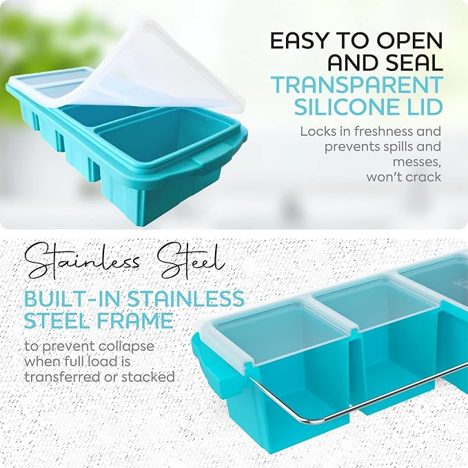 Silicone Freezer Tray With Lid - Soup Freezer Container molds - Large Ice Cube Tray- makes 8 perfect 1 cup portions cubes, 2-Pack Freezer Storage Food Soups & Meal Prep - Oven & Dishwasher -Safe