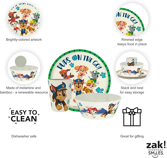 Zak Designs PAW Patrol Kids Dinnerware Set 3 Pieces, Durable and Sustainable Melamine Bamboo Plate, Bowl, and Tumbler are Perfect For Dinner Time With Family (Chase, Marshall, Skye & Friends)