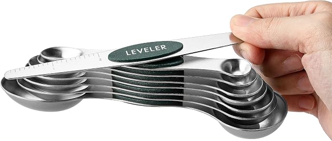 Spring Chef Stainless Steel Magnetic Measuring Spoons Set of 8, Pine Green | Nesting Metal Teaspoon & Tablespoon Measuring Spoons with Leveler for Dry & Liquid Ingredients, Dual Sided, Dishwasher Safe