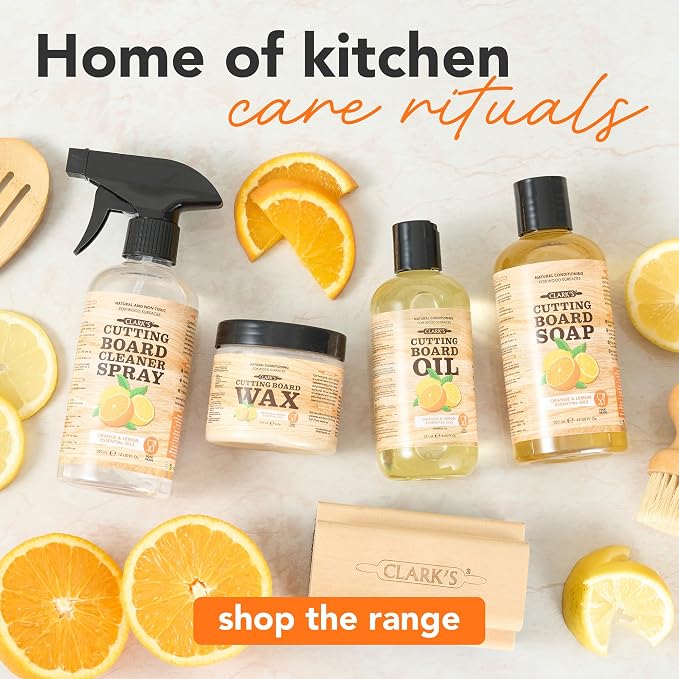 CLARK'S Food Grade Cutting Board Full Care Kit, Orange Lemon Scent - 4 Pack | Includes Food Grade Mineral Oil, Cutting Board Wax, Oil & Wax Applicators, Buffing Pads - Restores & Protects